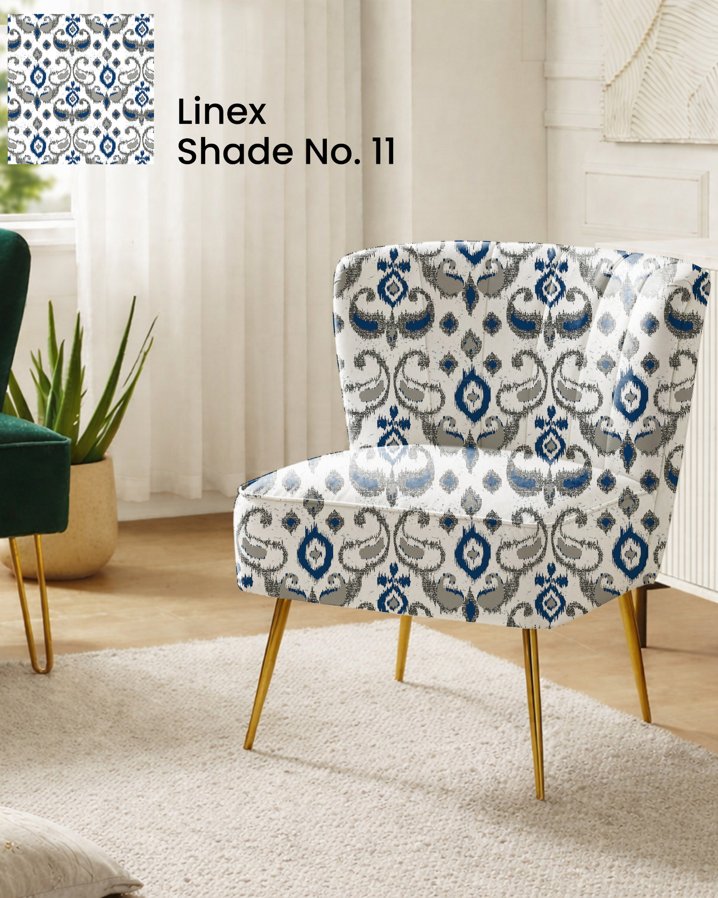 Navy Blue Grey Ikat Print Sofa Fabric