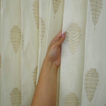 Embroided linen sheer beige tree Design