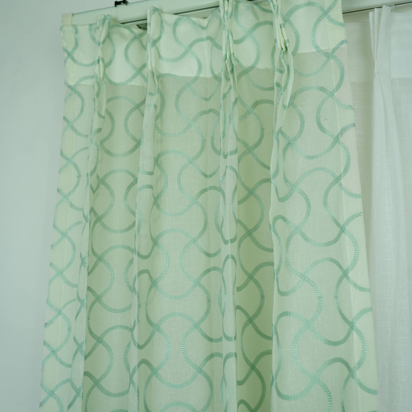 Embroidered Mint Green Linen Sheer Geometrical Design